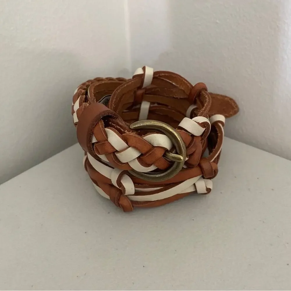 Fossil Braided Brown White Cream Two Tone Leather Thin Skinny Leather Belt Small
